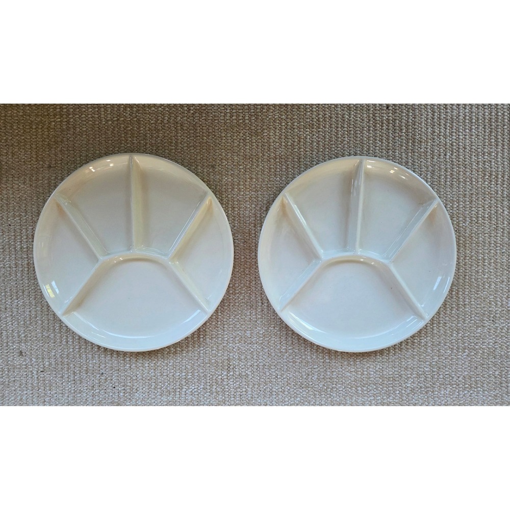 Vintage BW USA 925 Ceramic Fondue Plates Set of 2 Off White Divided 9.5 Inch